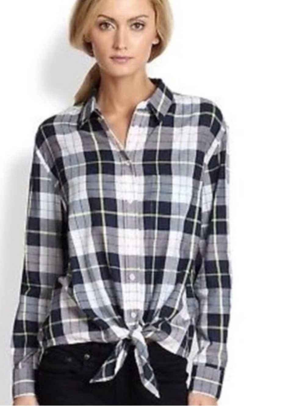 Equipment Navy, Black and White Tie front Plaid Button-Down Shirt Small